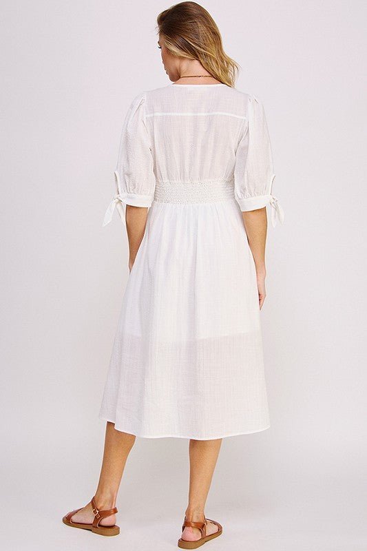 Puff Sleeve Button Down Midi Dress – Vintage Charm - -