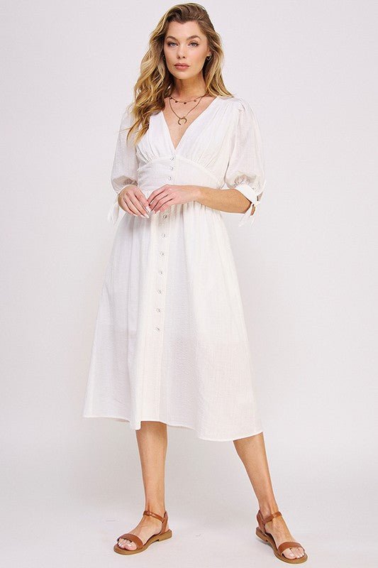 Puff Sleeve Button Down Midi Dress – Vintage Charm - -