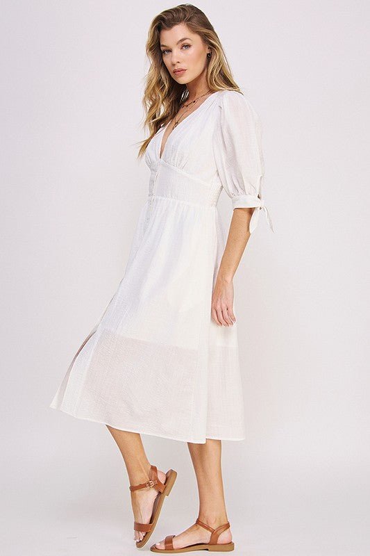 Puff Sleeve Button Down Midi Dress – Vintage Charm - -