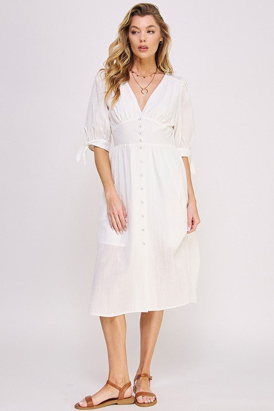 Puff Sleeve Button Down Midi Dress – Vintage Charm - -
