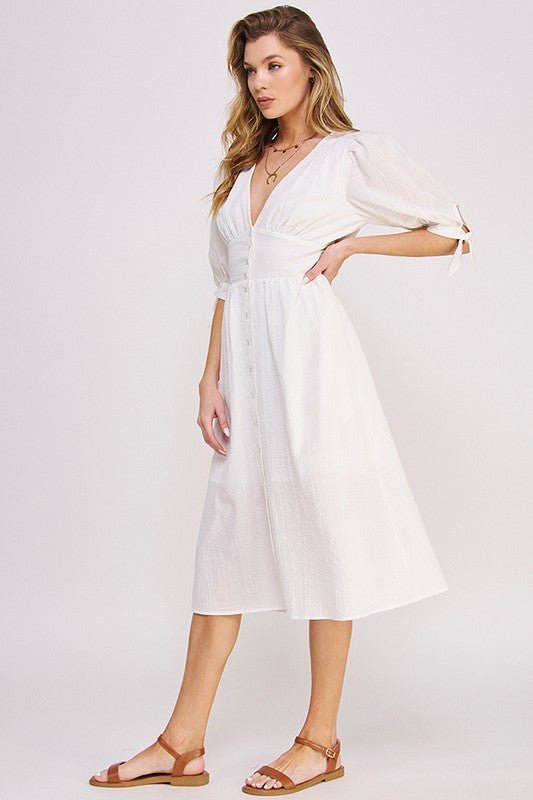 Puff Sleeve Button Down Midi Dress – Vintage Charm - -