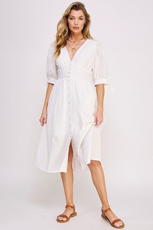 Puff Sleeve Button Down Midi Dress – Vintage Charm - -