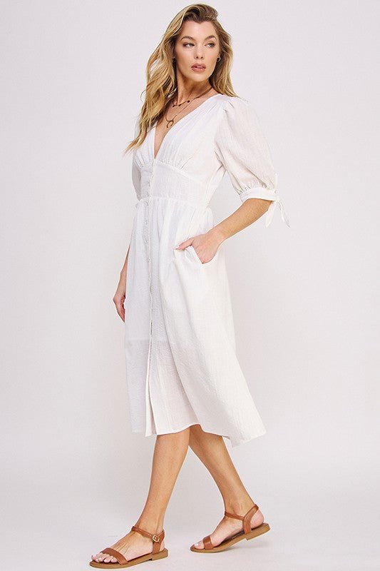 Puff Sleeve Button Down Midi Dress – Vintage Charm - -