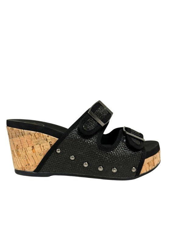 CADE WOMEN'S CORK DESIGN WEDGE - PLATFORM - Black Raffia -