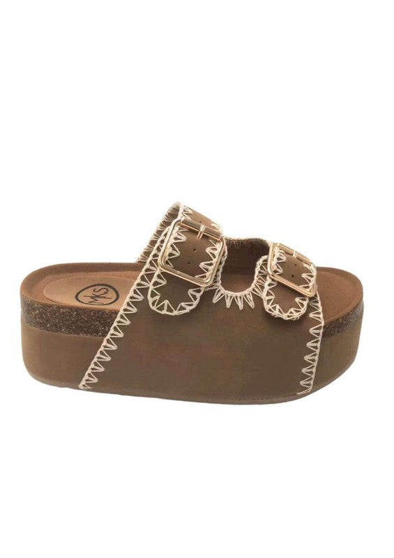 NINA DOUBLE BUCKLE BANDS COMFORTABLE FLATFORM - Almond -