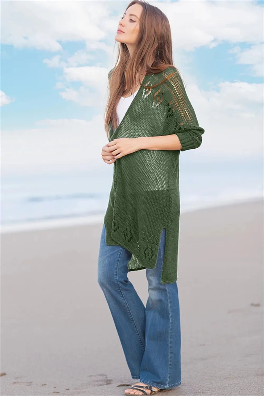 Openwork Side Slit Open Front Long Sleeve Cardigan - -