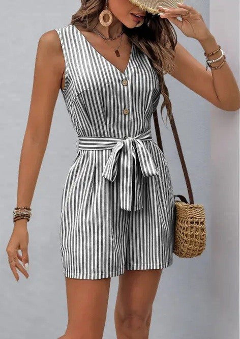 Sleeveless Striped Tie-Waist Romper - grey -
