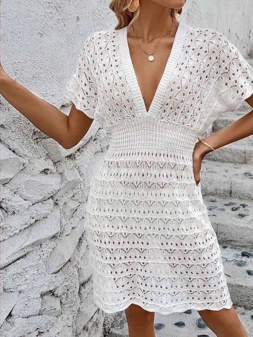 Deep V Eyelet Cover Up Dress – Beach Luxe - white -