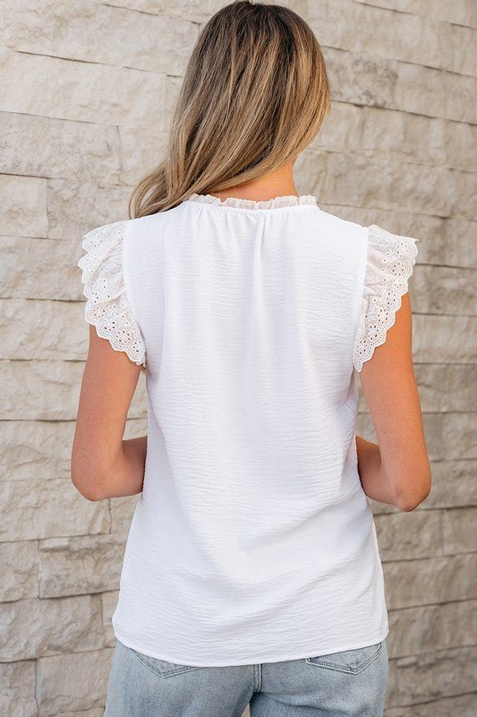 Embroidered Ruffle Trim Blouse – Romantic White - -