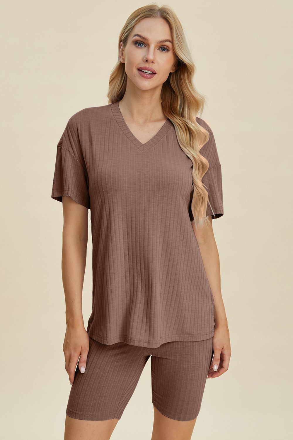 Basic Bae Full Size Ribbed V-Neck Short Sleeve Top and Shorts Set - Taupe M -