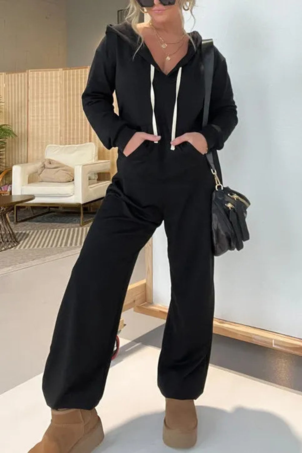 Full Size Drawstring Long Sleeve Jumpsuit - -