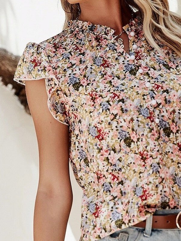 Red Boho Floral Frilled Button Neck Ruffle Blouse - -