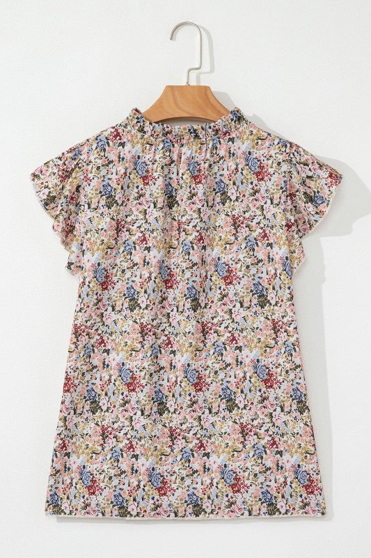 Red Boho Floral Frilled Button Neck Ruffle Blouse – | Shannon’s Chique Boutique