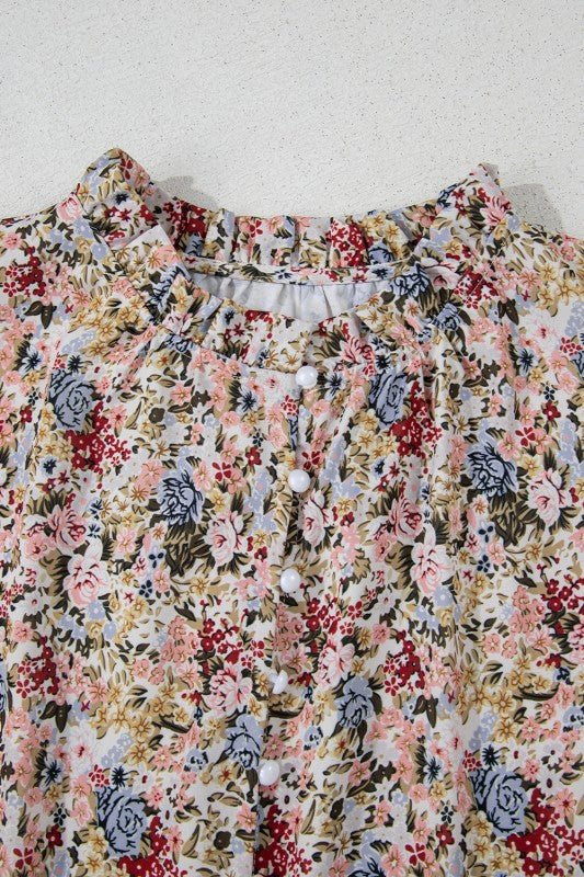 Red Boho Floral Frilled Button Neck Ruffle Blouse - -