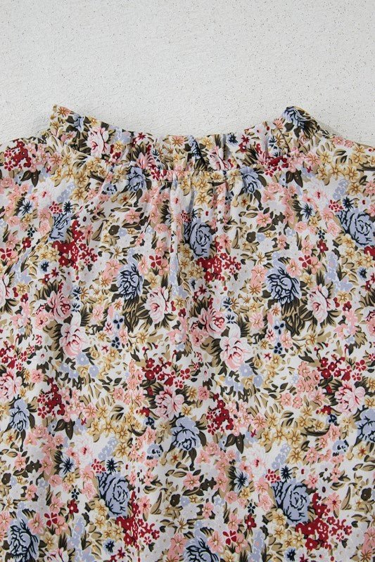 Red Boho Floral Frilled Button Neck Ruffle Blouse - -