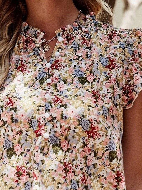 Red Boho Floral Frilled Button Neck Ruffle Blouse – | Shannon’s Chique Boutique