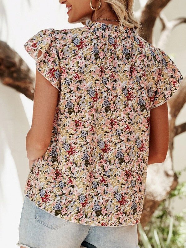 Red Boho Floral Frilled Button Neck Ruffle Blouse – | Shannon’s Chique Boutique