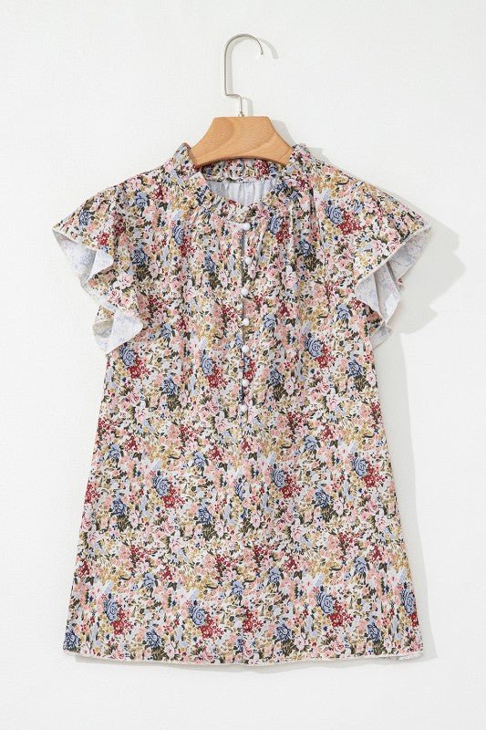 Red Boho Floral Frilled Button Neck Ruffle Blouse – | Shannon’s Chique Boutique