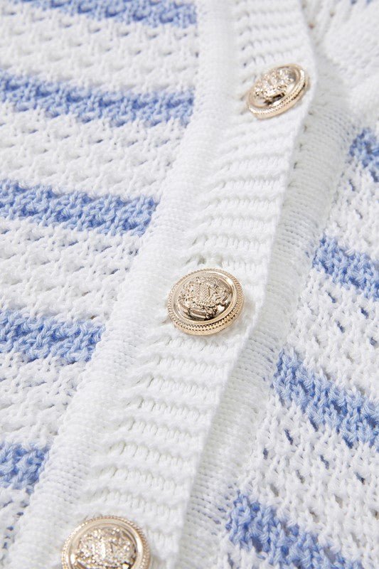 Cotton Blue Striped V Neck Button Knit Vest – | Shannon’s Chique Boutique