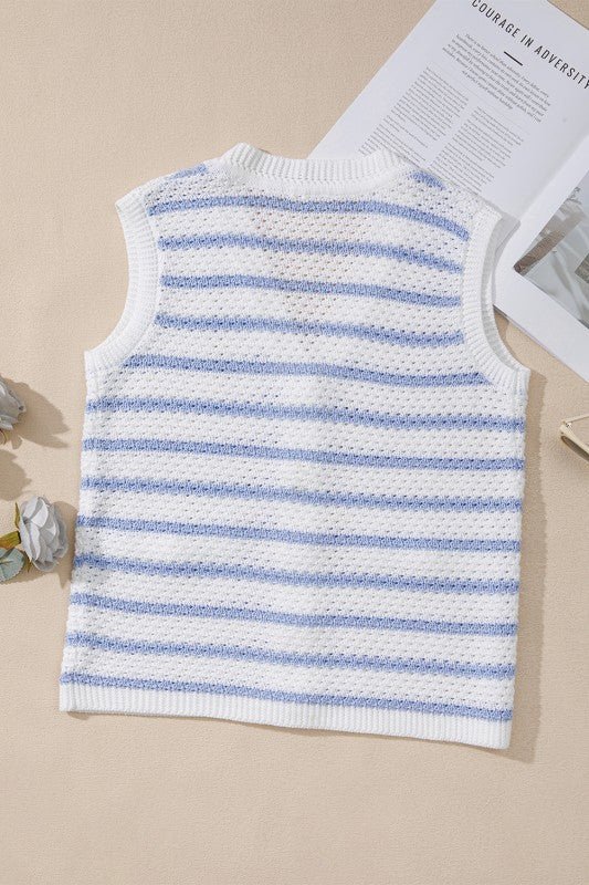 Cotton Blue Striped V Neck Button Knit Vest – | Shannon’s Chique Boutique