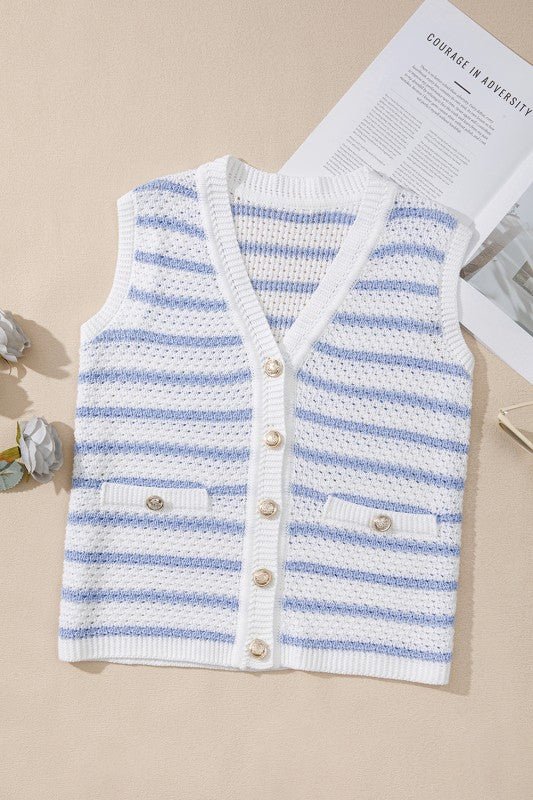 Cotton Blue Striped V Neck Button Knit Vest – | Shannon’s Chique Boutique