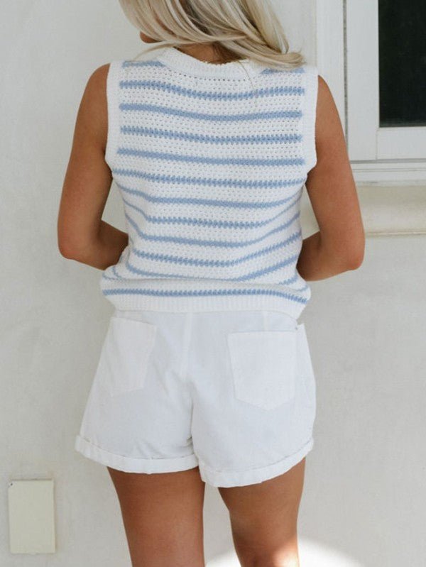 Cotton Blue Striped V Neck Button Knit Vest – | Shannon’s Chique Boutique