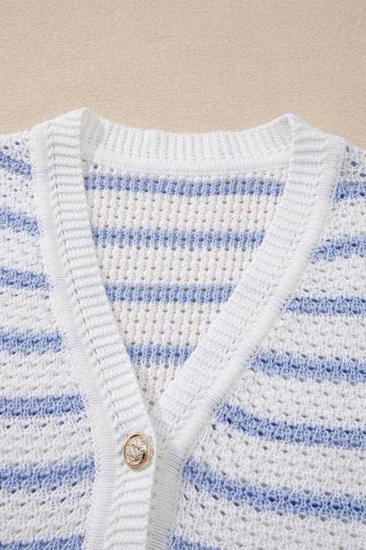 Cotton Blue Striped V Neck Button Knit Vest – | Shannon’s Chique Boutique