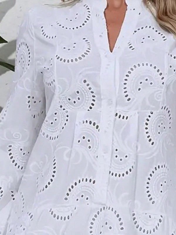 Cotton Embroidered Hollow Tiered Button Dress – | Shannon’s Chique Boutique