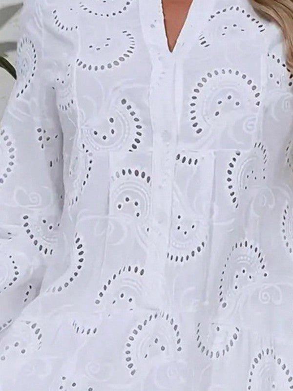 Cotton Embroidered Hollow Tiered Button Dress – | Shannon’s Chique Boutique
