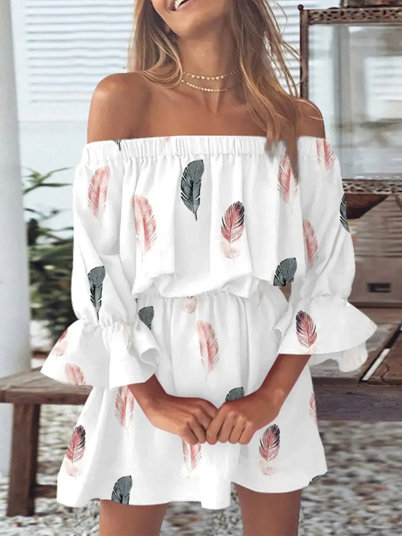 Full Size Floral Off-Shoulder Flounce Sleeve Mini Dress Plus Size - -
