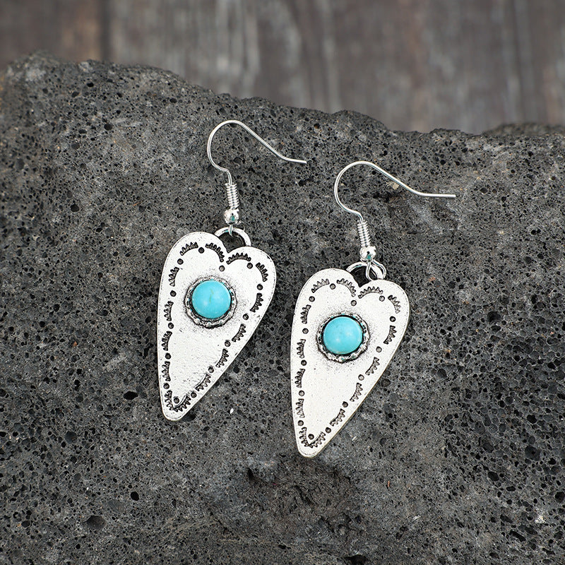 Alloy Turquoise Heart Dangle Earrings - -