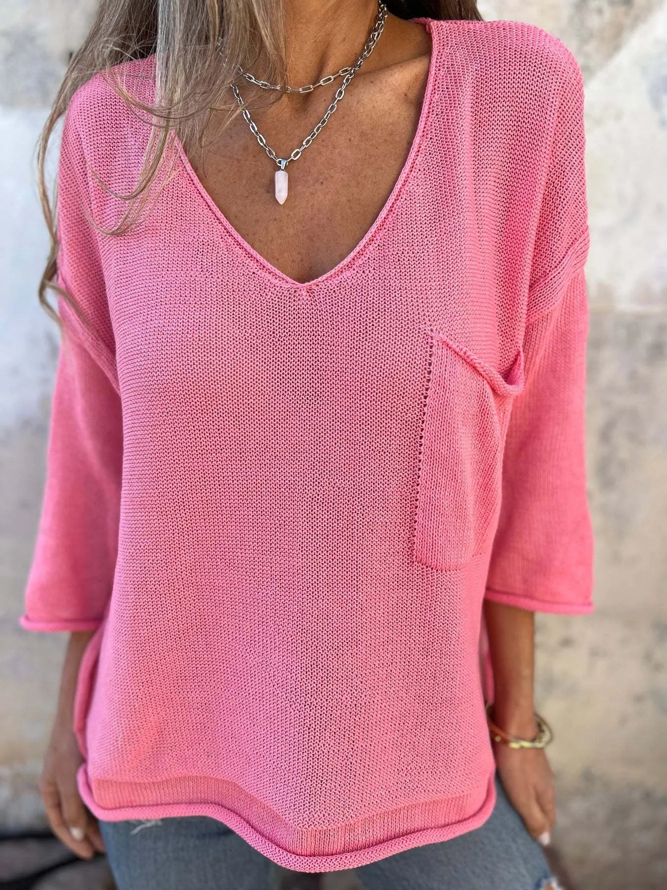 Full Size Casual V-Neck Knit Sweater Plus Size - -
