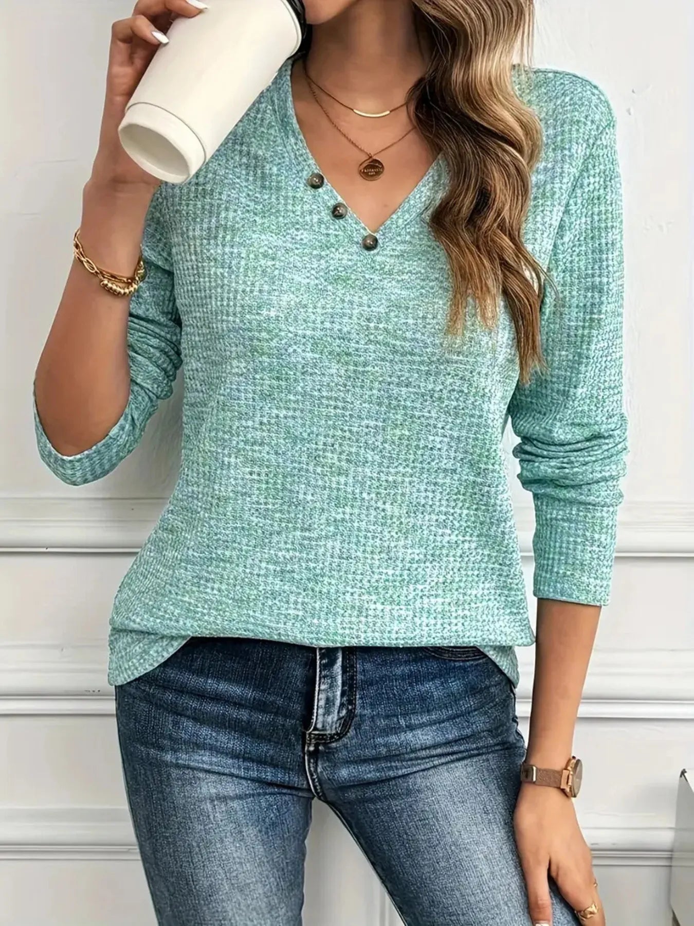 Heathered V-Neck Long Sleeve T-Shirt - -