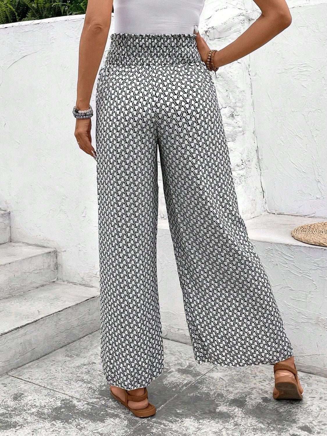 Tied Printed Wide Leg Pants - -