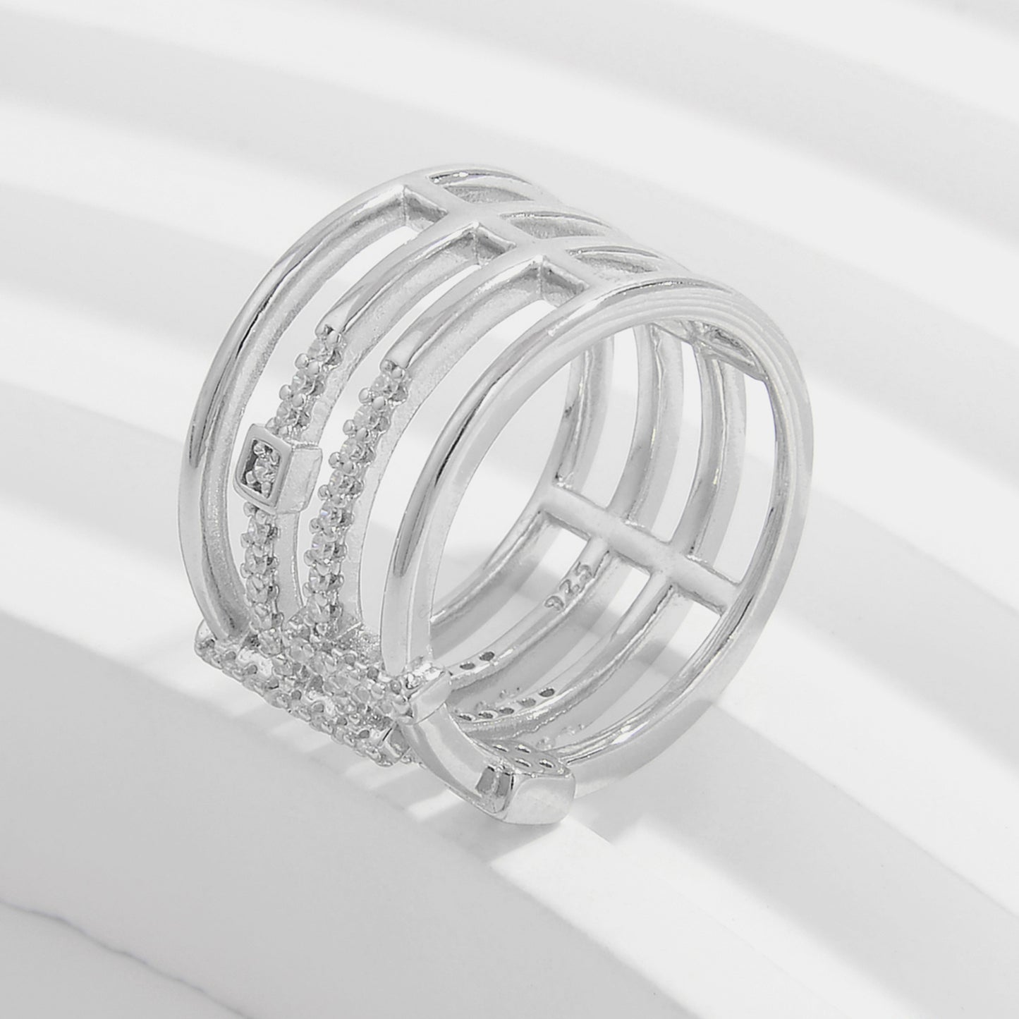 925 Sterling Silver Inlaid Zircon Ring - Silver -