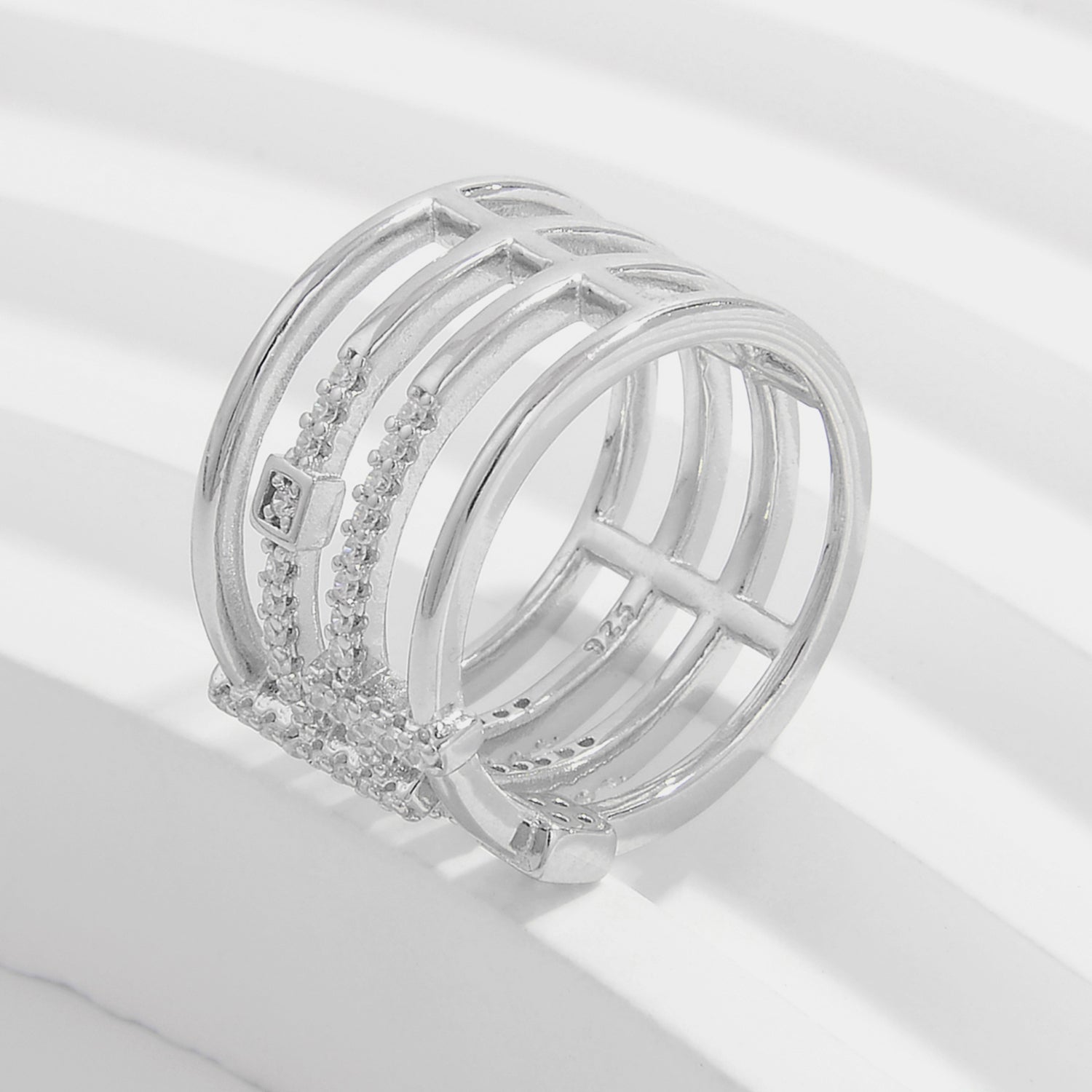 925 Sterling Silver Inlaid Zircon Ring - Silver -