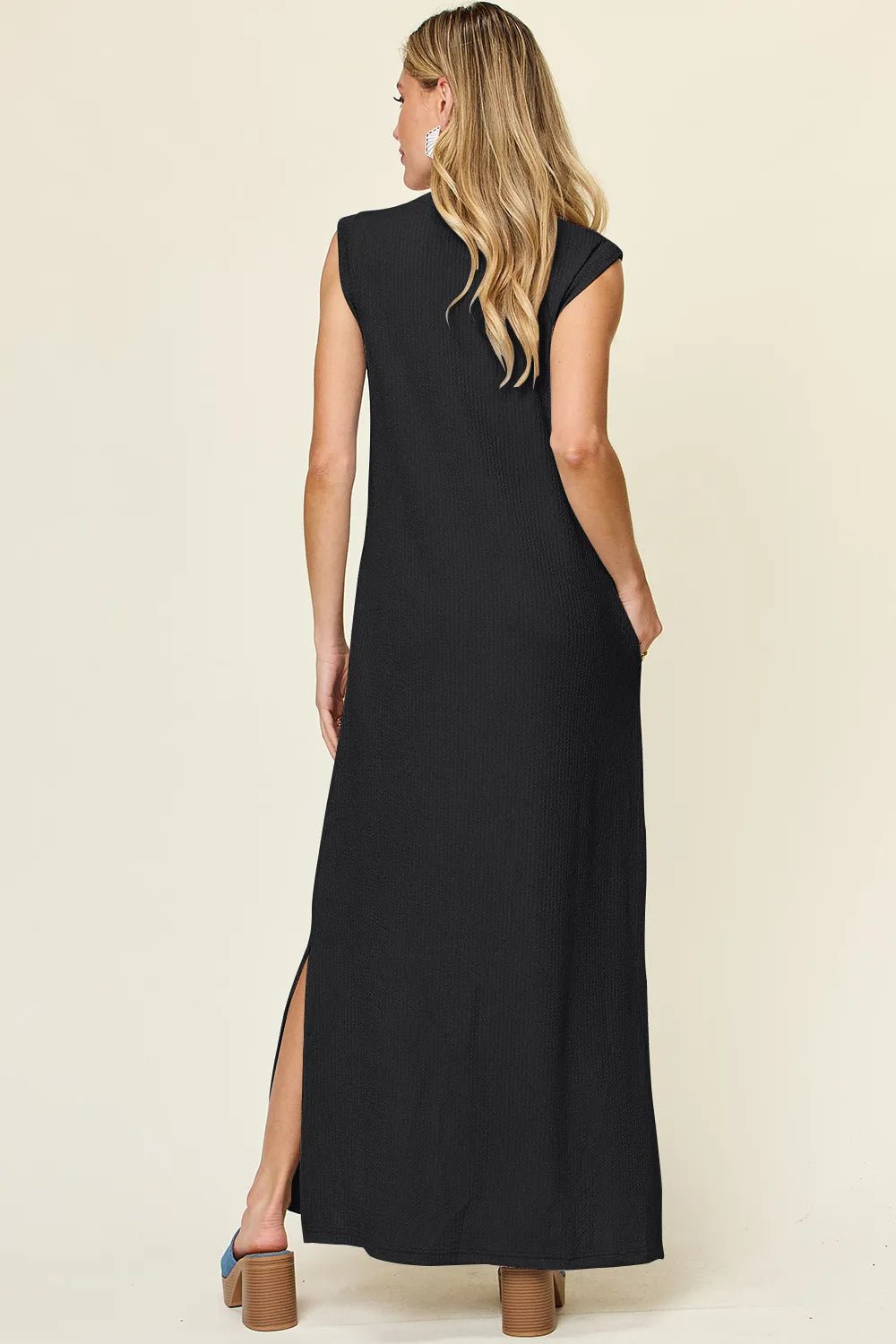 Double Take Full Size Texture Mock Neck Sleeveless Maxi Dress - -