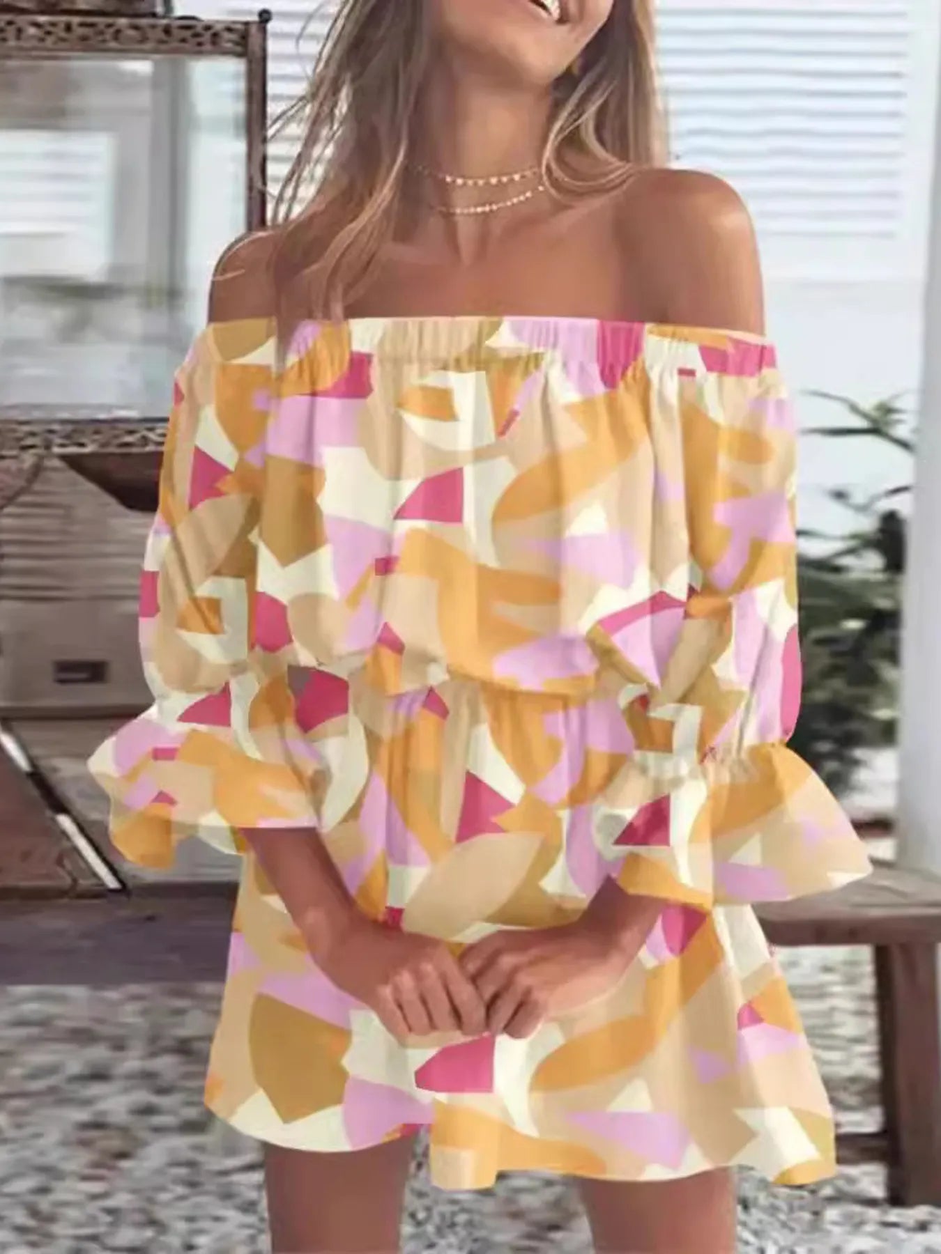 Full Size Floral Off-Shoulder Flounce Sleeve Mini Dress Plus Size - Sherbet -