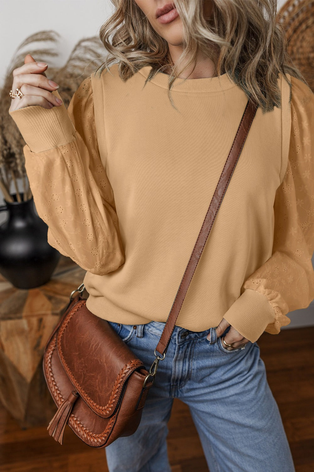 Eyelet Round Neck Long Sleeve Sweatshirt - Tan -