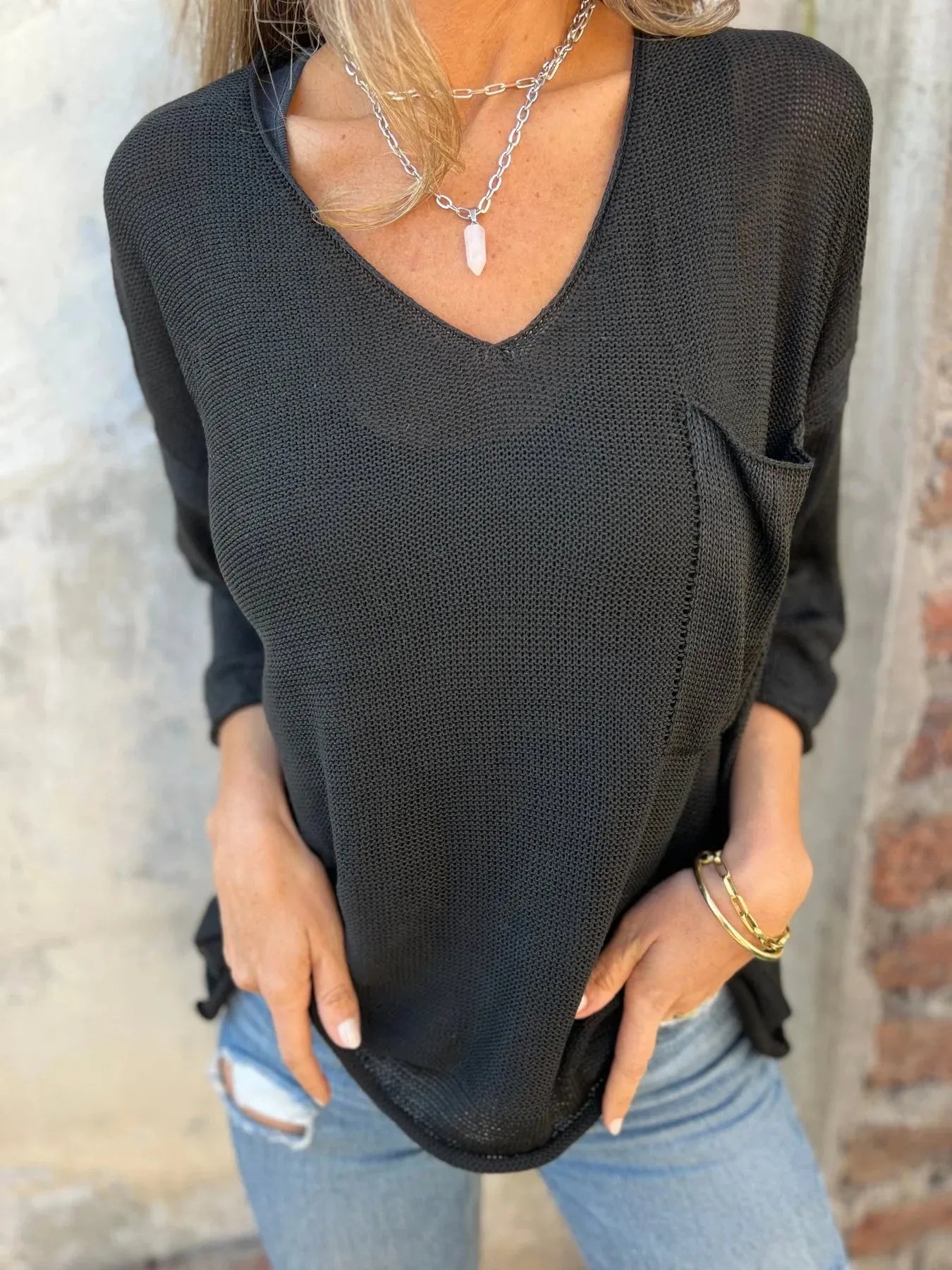 Full Size Casual V-Neck Knit Sweater Plus Size - Black -