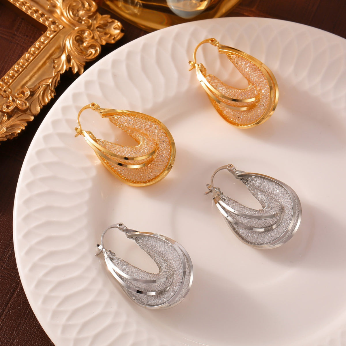 Copper Glass Stone U Shape Earrings - -