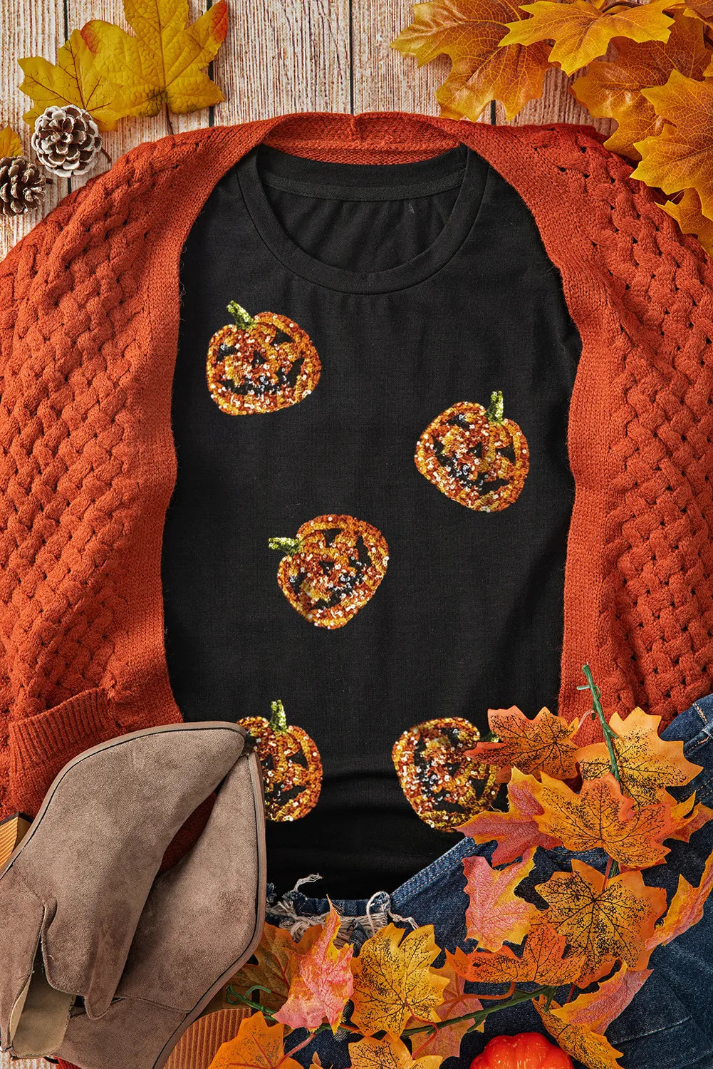 Sequin Pumpkin Round Neck Short Sleeve T-Shirt - -