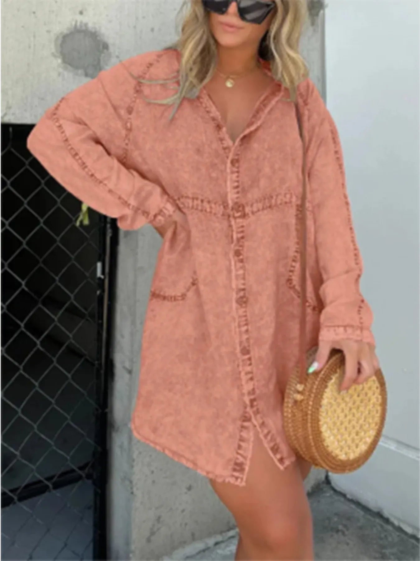 Full Size Button-Front Long Sleeve Denim Shirt Dress Plus Size - -