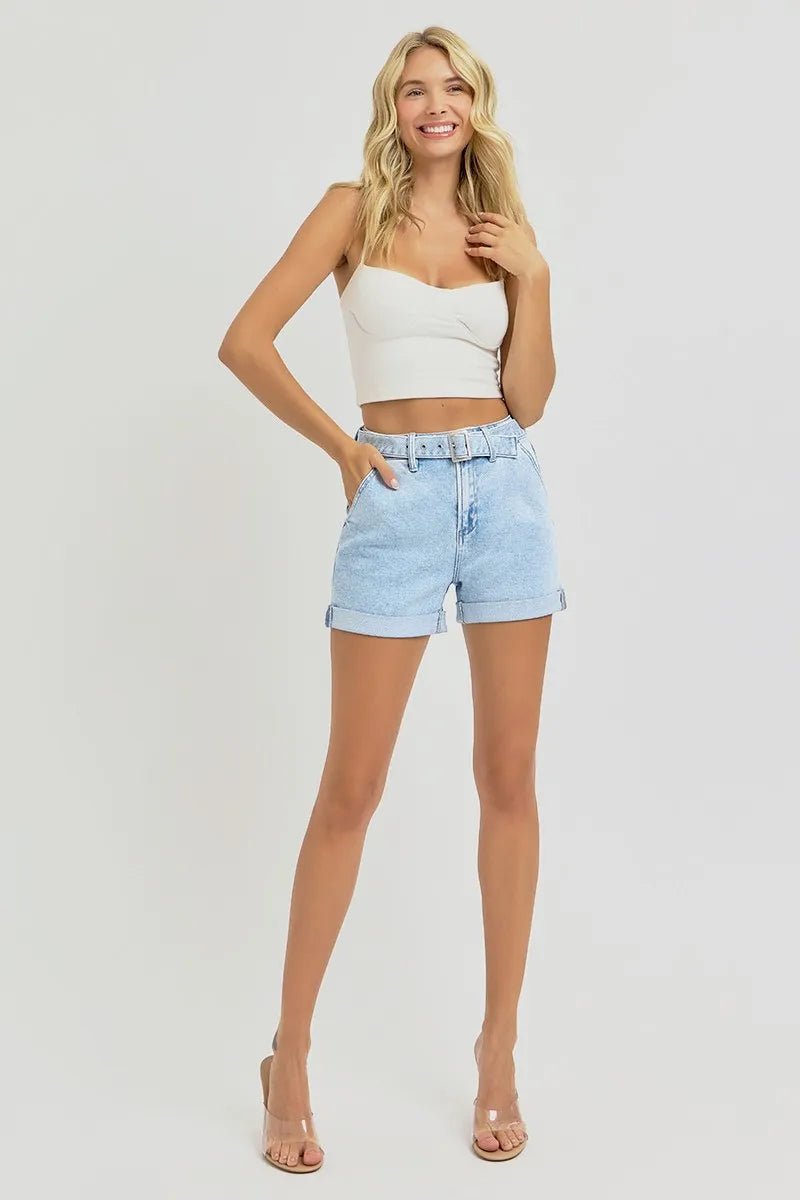 RISEN Full Size High Rise Belted Roll Up Shorts Plus Size - -