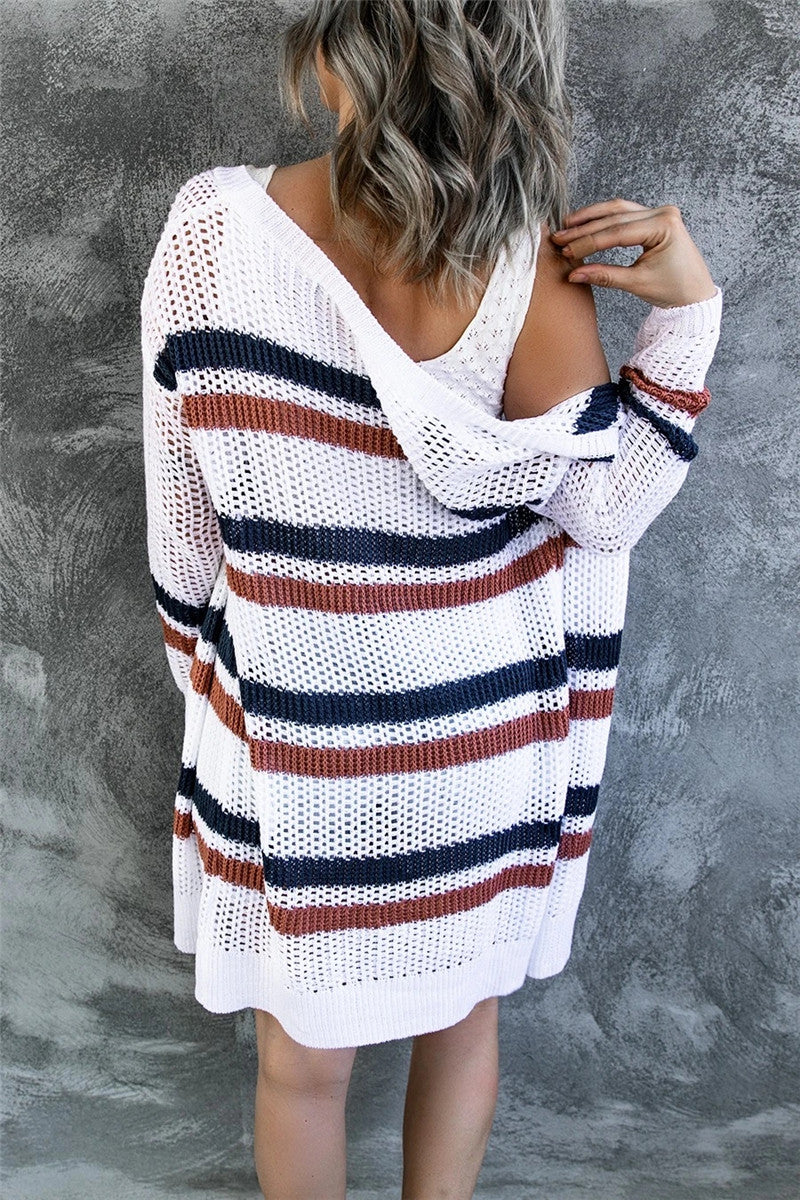 Contrast Openwork Open Front Long Sleeve Cardigan - -