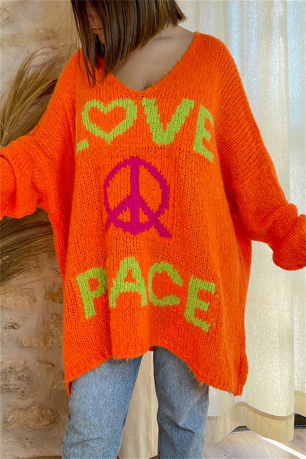 Peace Graphic V-Neck Long Sleeve Sweater - -
