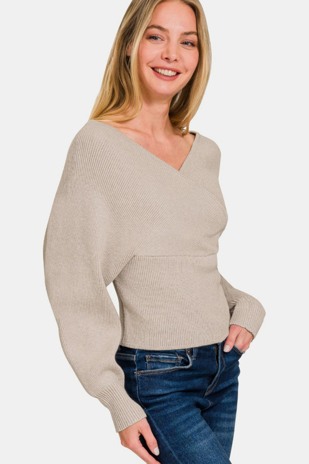 Zenana Cross Wrap Rib Long Sleeve Sweater - -