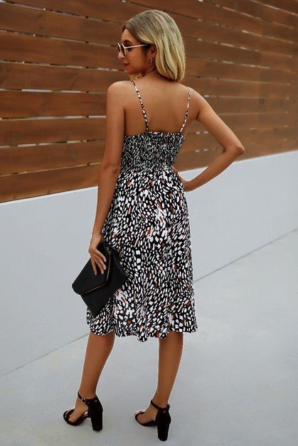 V Neck Spaghetti Strap Leopard Cut Out Midi Dress – | Shannon’s Chique Boutique