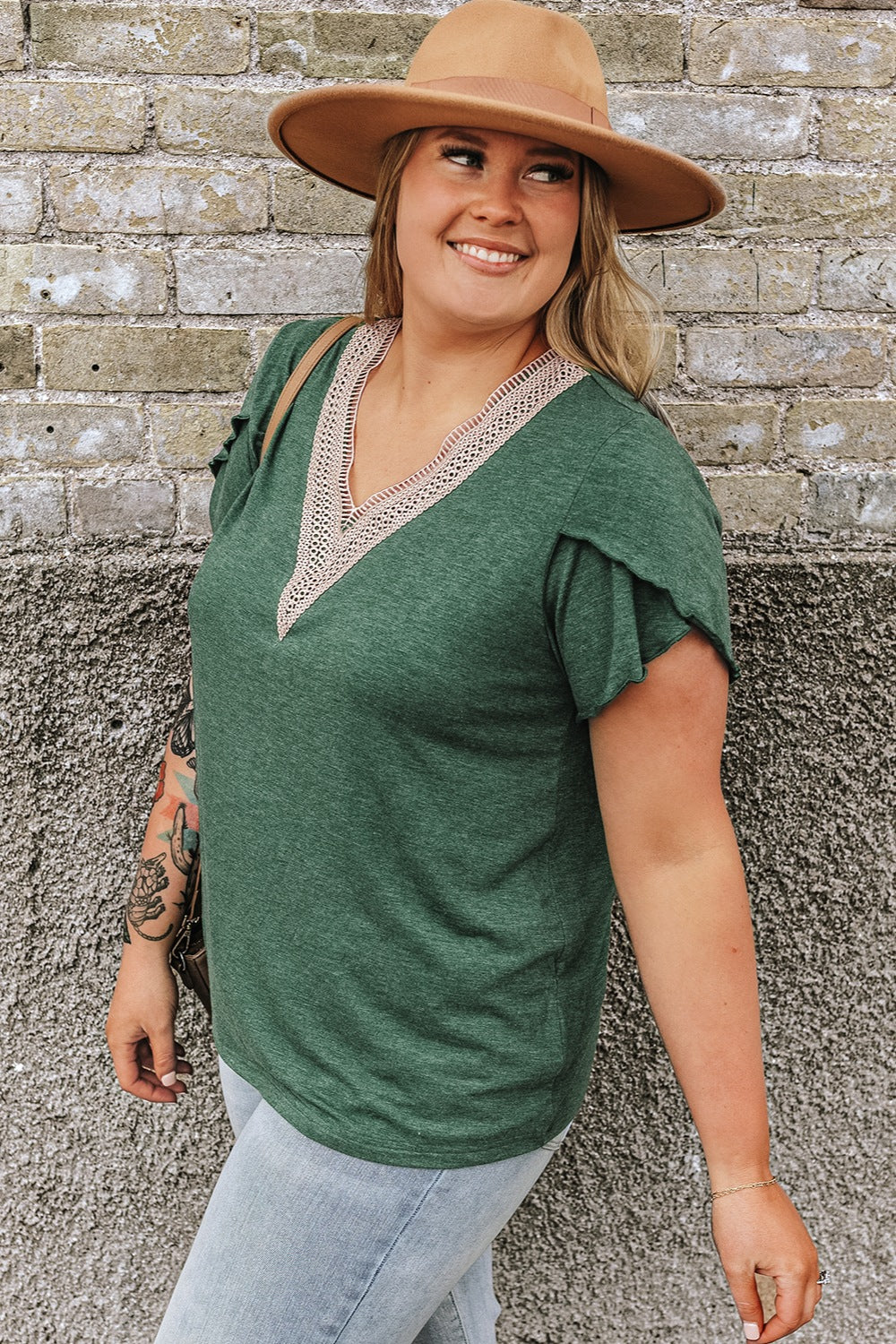 Plus Size Petal Sleeve V-Neck Blouse (Curve Romance) - -
