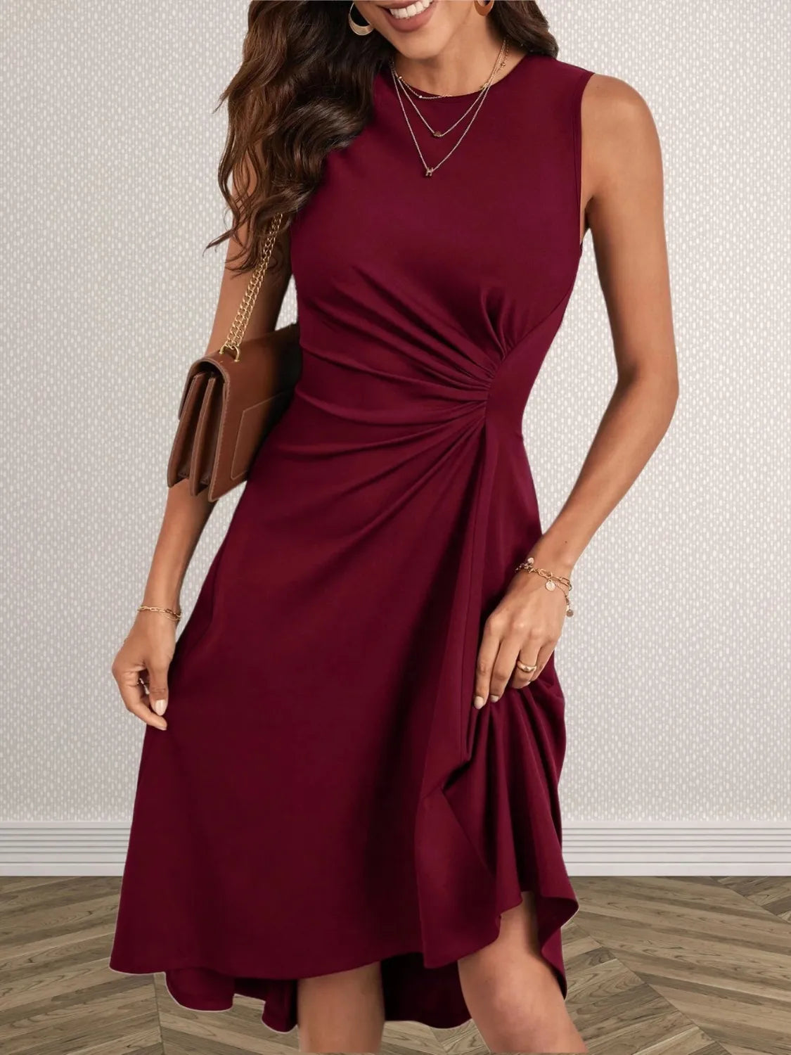 Ruched Round Neck Sleeveless Dress - Burgundy -